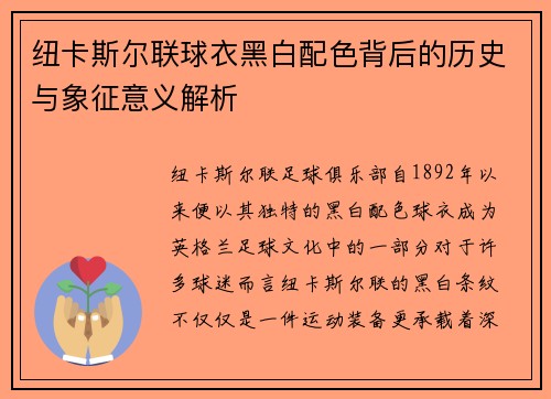 纽卡斯尔联球衣黑白配色背后的历史与象征意义解析